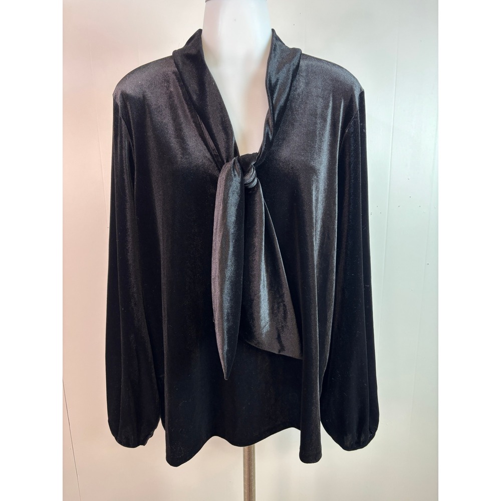 Boden Blouse Size 14 Black Velvet Tie Neck Long Sleeve Stretch Top Women
